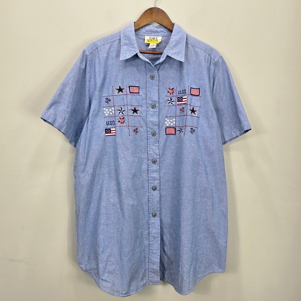 Vintage CST Sport Americana Patriot Embroidered Button Down Short Sleeve USA